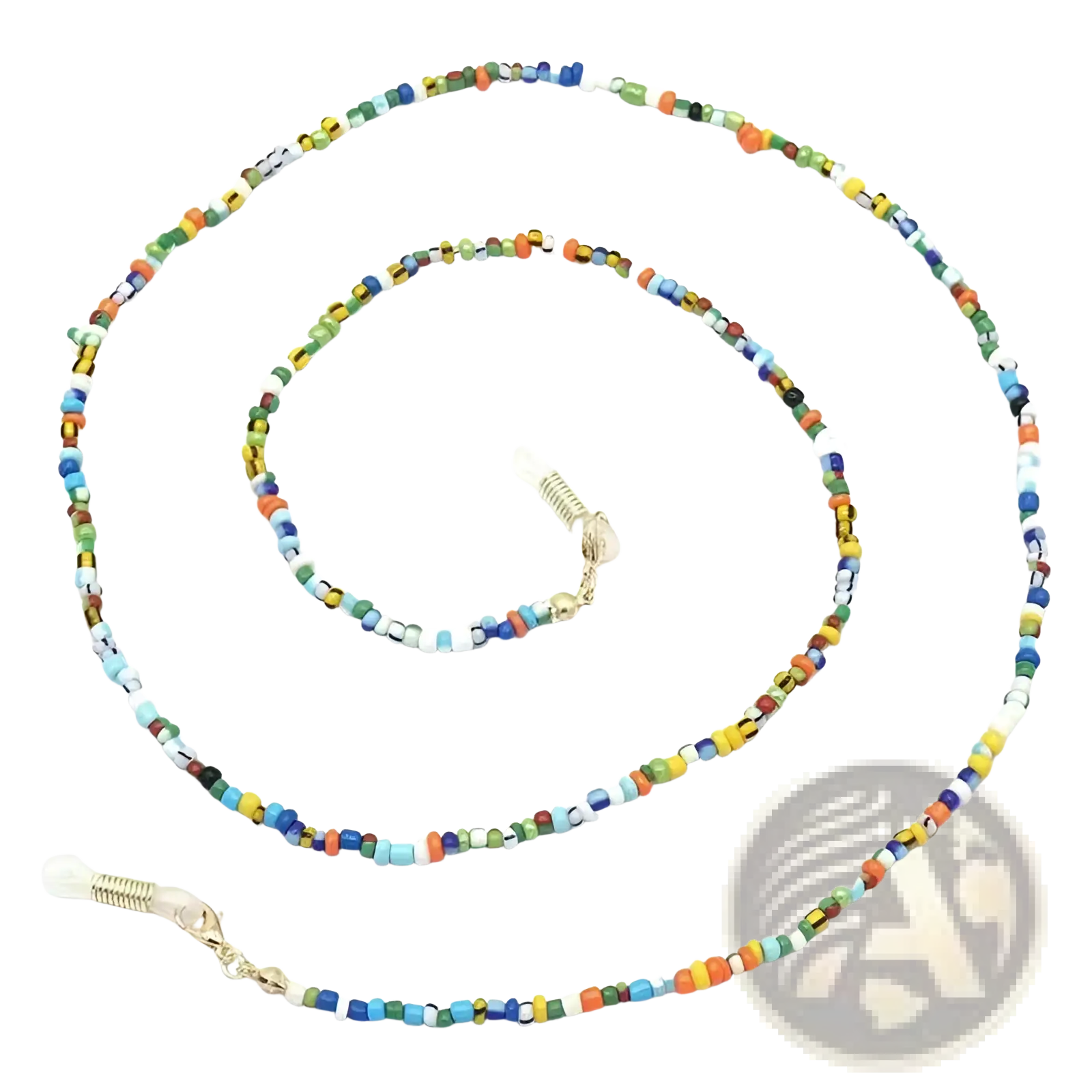 Colorful rainbow beaded eyeglass and mask lanyard chain with multicolored glass beads and gold-toned metal clasps