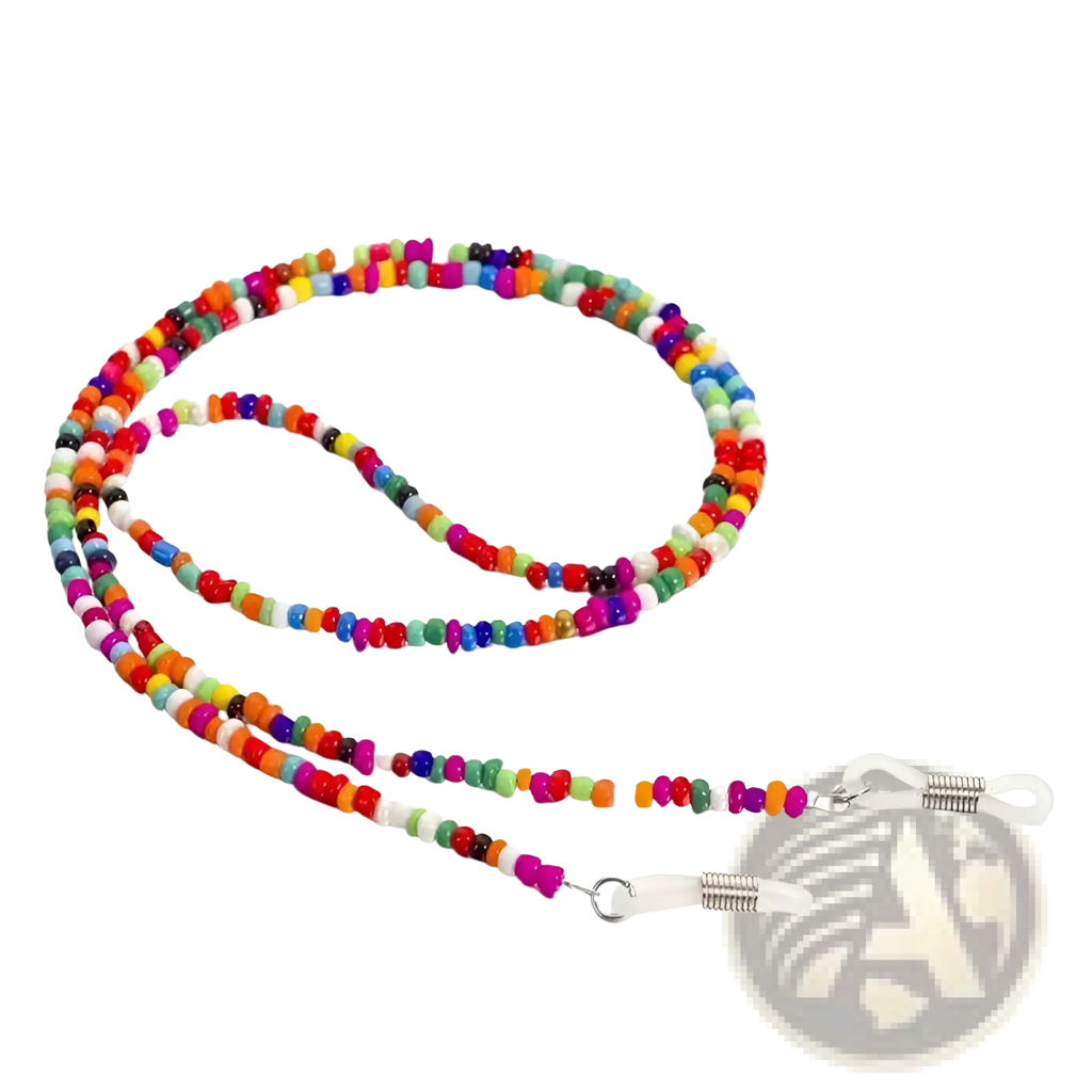 Colorful rainbow beaded eyeglass and mask lanyard chain with multicolored cylindrical beads and clear plastic ends