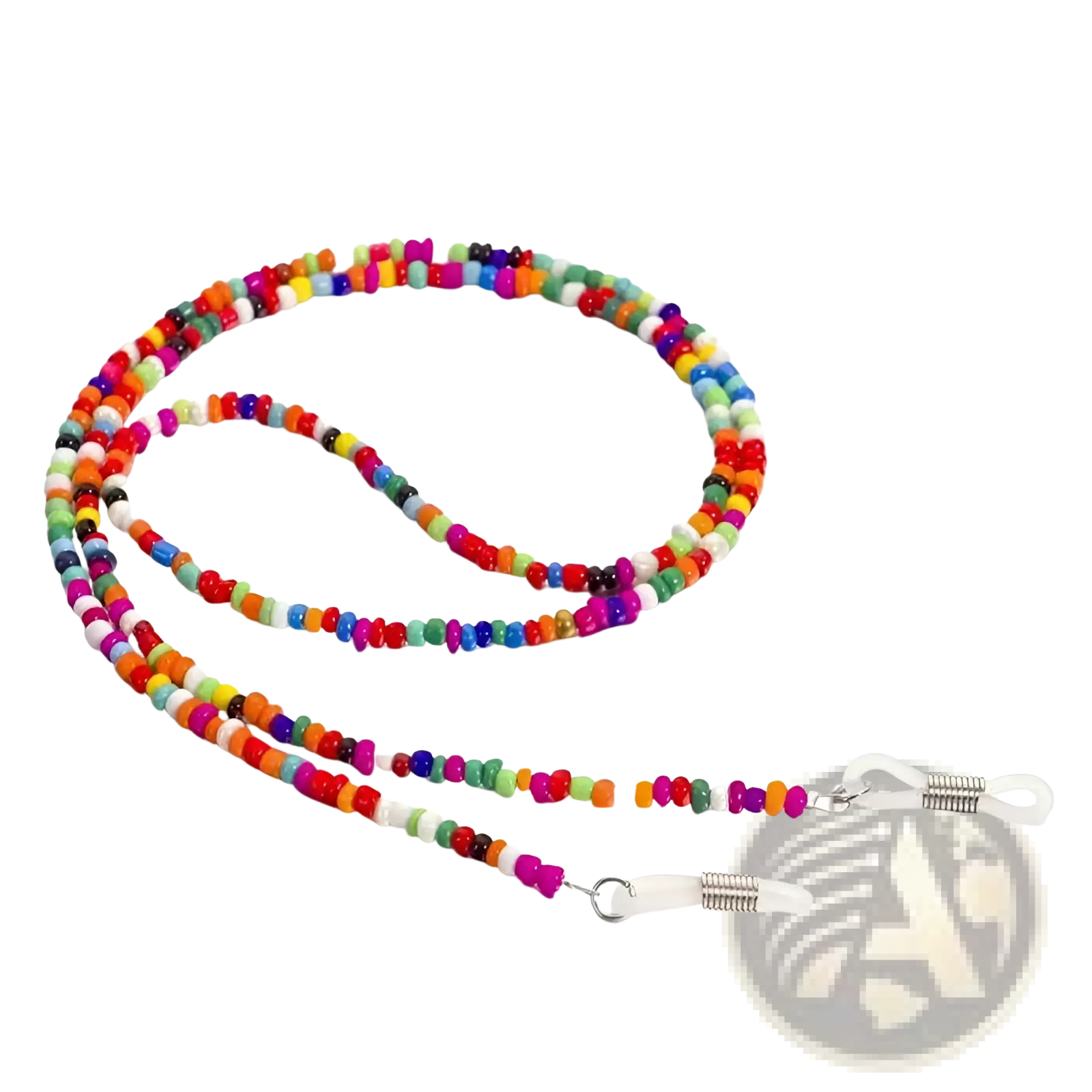 Colorful rainbow beaded eyeglass and mask lanyard chain with multicolored cylindrical beads and clear plastic ends