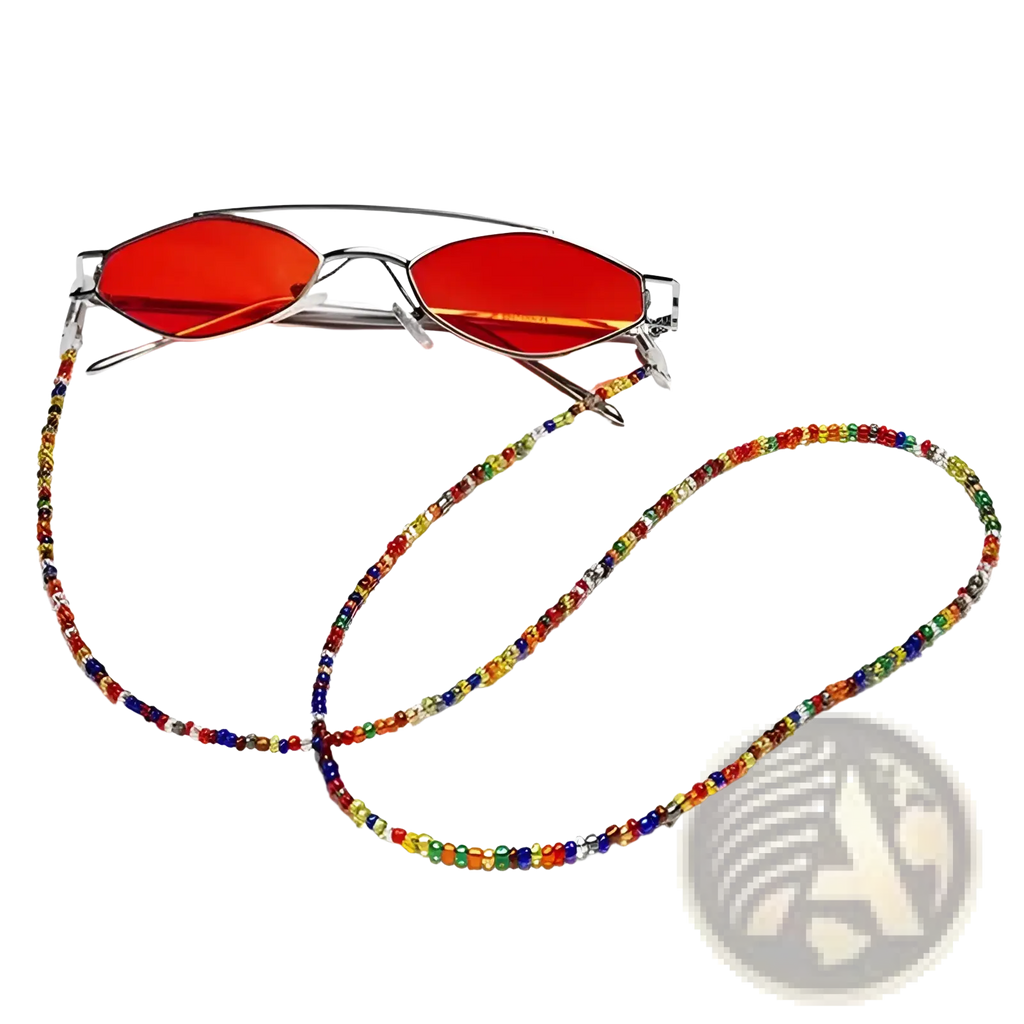 Colorful rainbow beaded eyeglass and mask lanyard chain with multicolored glass beads on red-tinted aviator glasses
