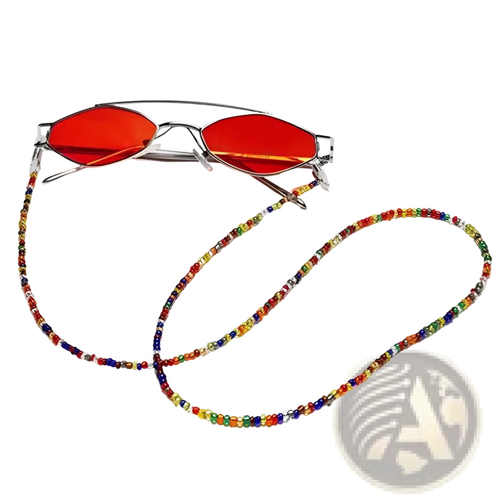 Colorful rainbow beaded eyeglass and mask lanyard chain with multicolored glass beads on red-tinted aviator glasses
