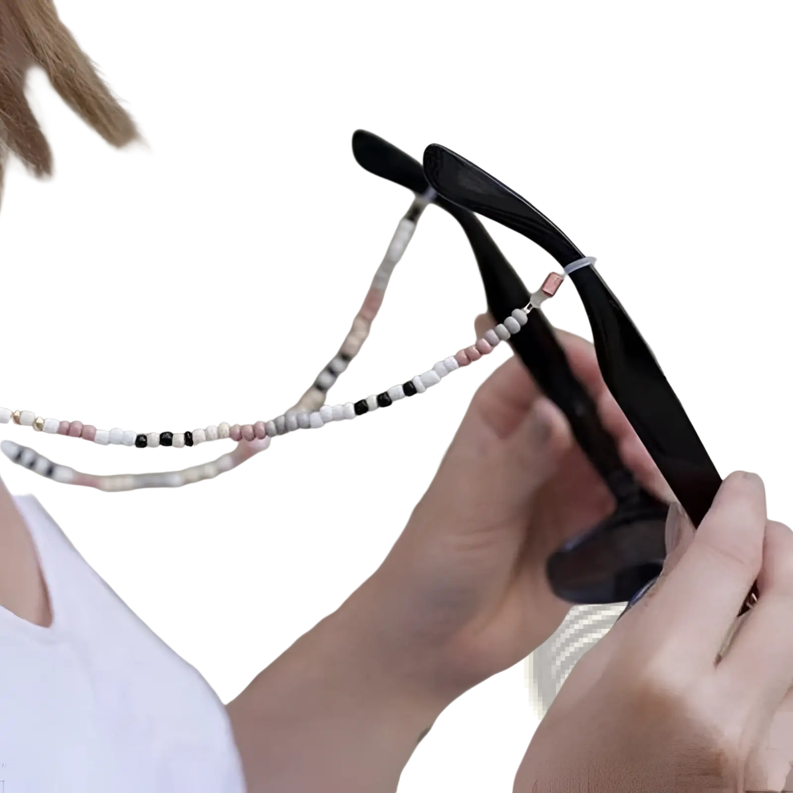 Colorful rainbow beaded eyeglass and mask lanyard chain with delicate alternating black white and soft pink beads