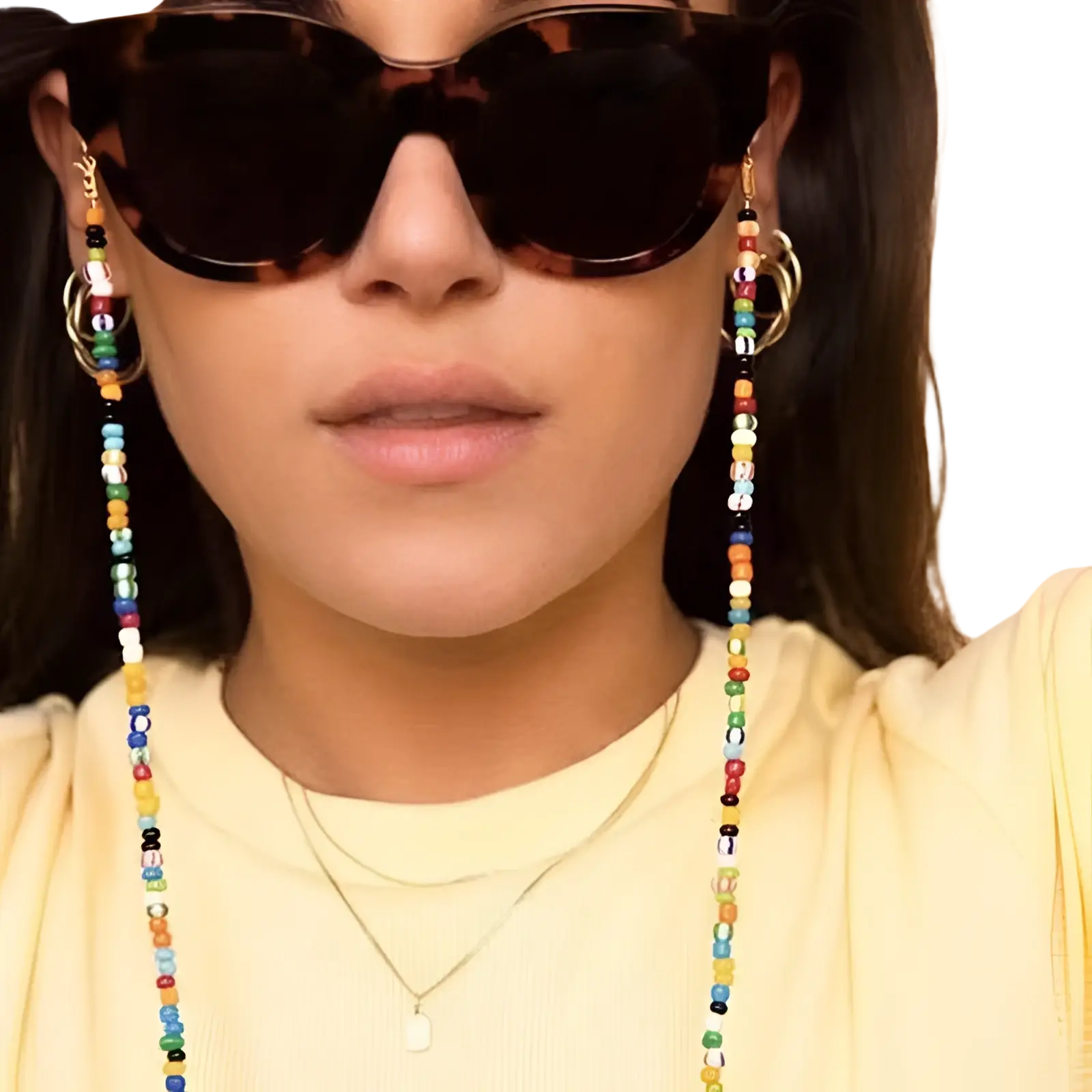 Tortoiseshell sunglasses with colorful rainbow beaded eyeglass and mask lanyard chain attached to the temples