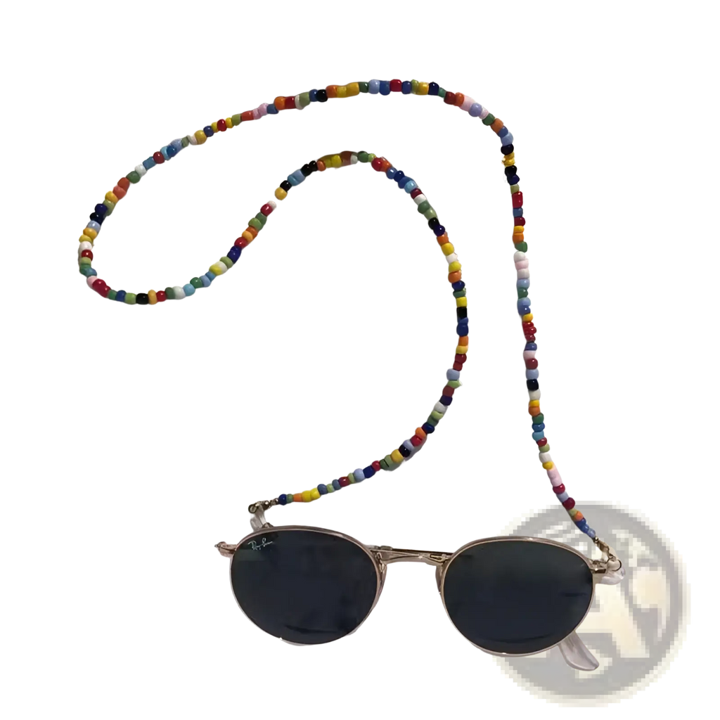 Colorful rainbow beaded eyeglass and mask lanyard chain with gold-tone clasps on ray-ban wayfarer glasses