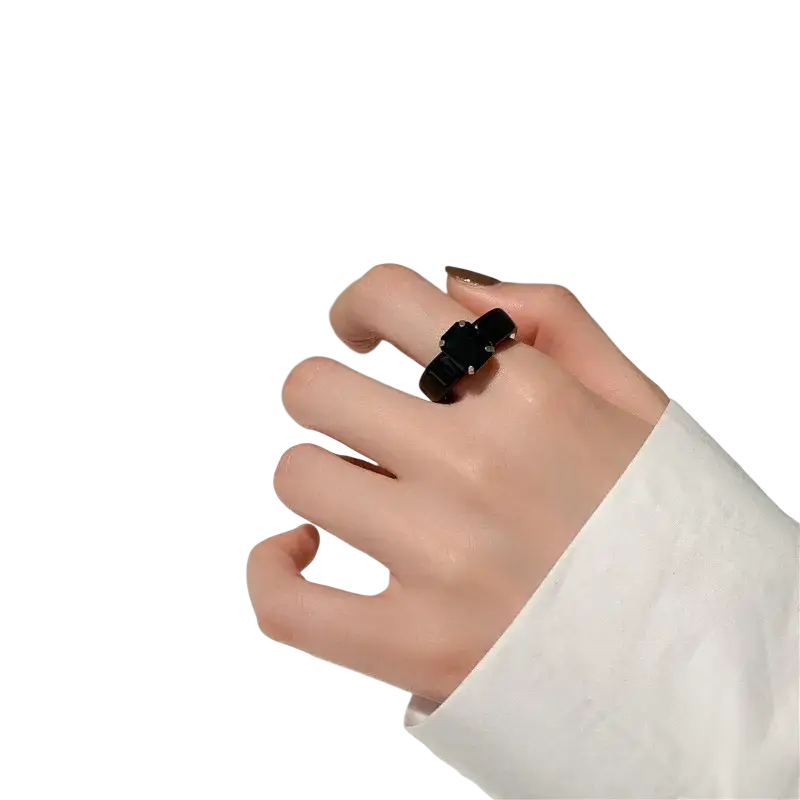 Black rectangular colorful resin crystal geometric ring for women with small silver accents