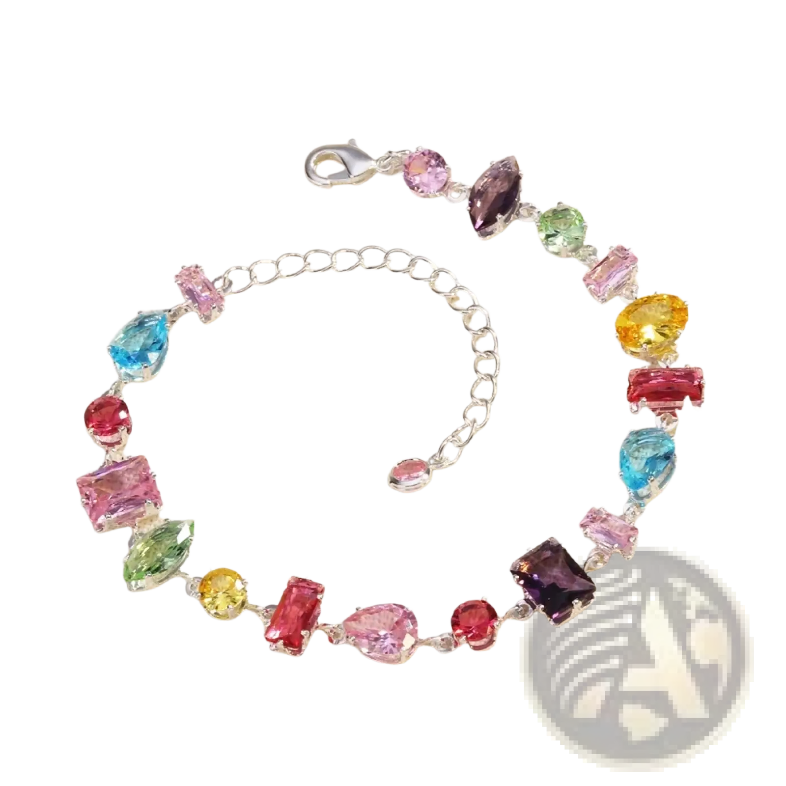 Colorful zircon crystal gold plated bracelet with silver chain featuring vibrant multicolor gemstone cuts
