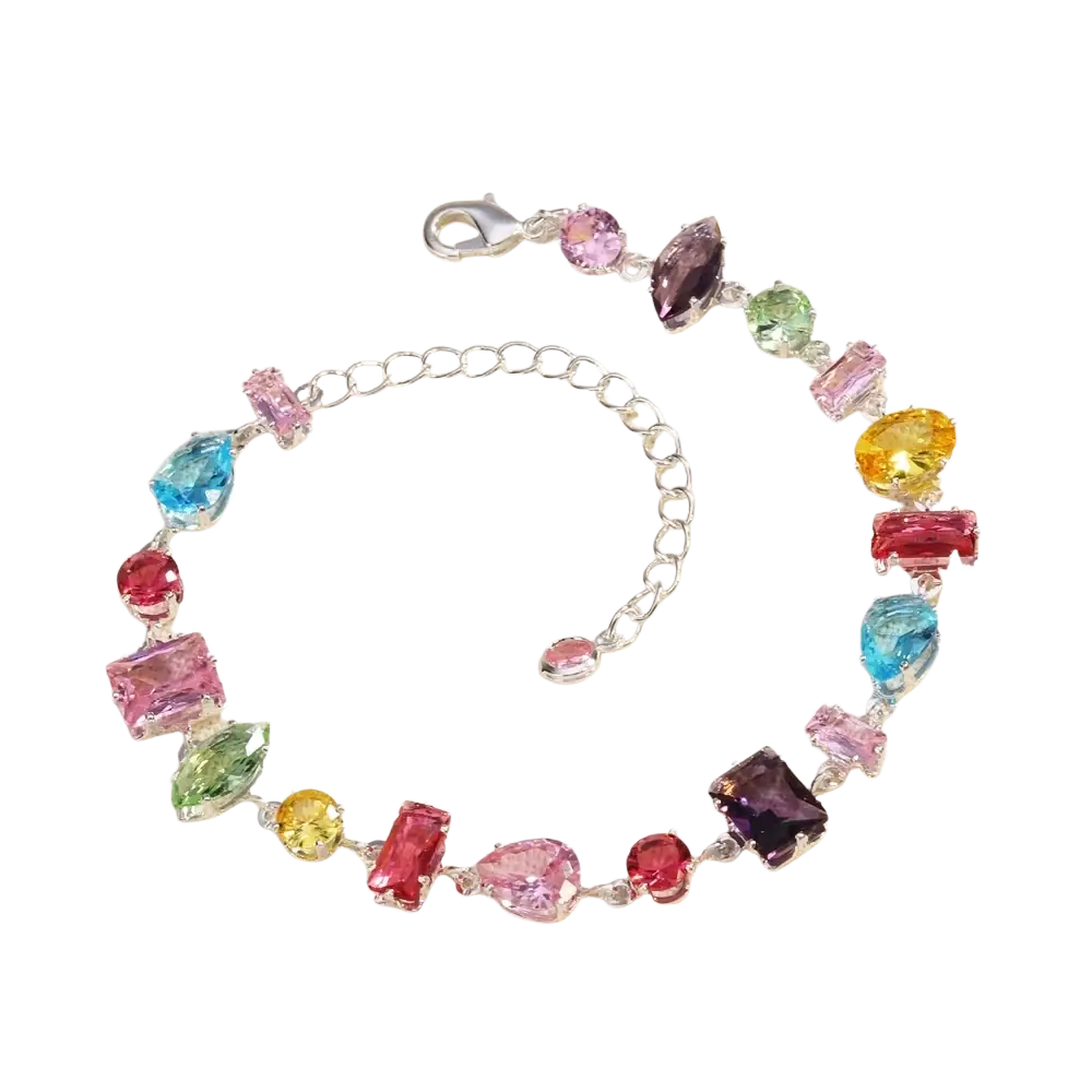 Colorful zircon crystal gold plated bracelet with silver chain featuring vibrant multicolor gemstone cuts