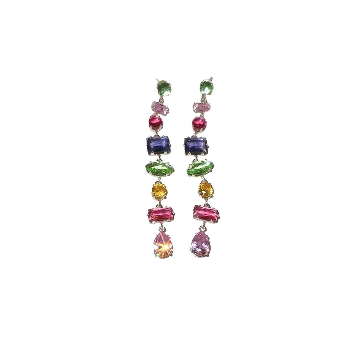 A pair of silver-toned dangling earrings with colorful faceted zircon crystals in green pink purple yellow and blue
