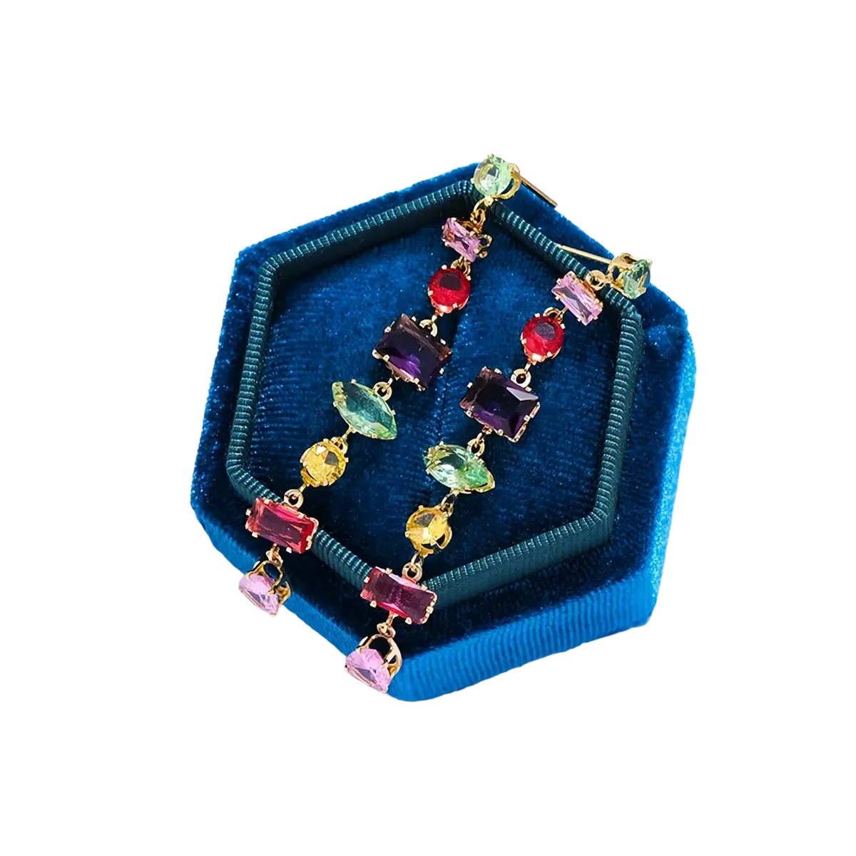 A pair of gold plated dangling earrings with colorful faceted zircon crystals in red purple green yellow and pink