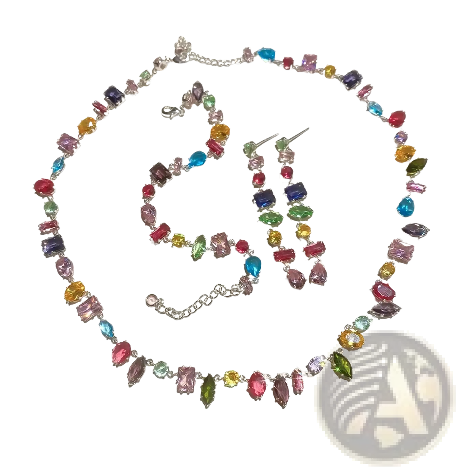 A colorful zircon crystal gold plated necklace with rainbow rectangular and teardrop gemstones and matching earrings