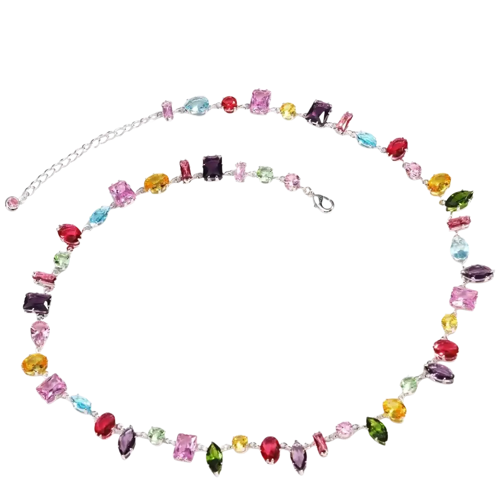 A colorful zircon crystal gold plated necklace with a silver chain featuring multi-colored faceted gemstones