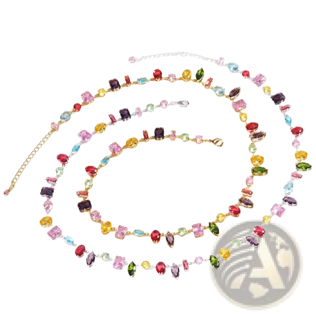 A colorful zircon crystal gold plated necklace with vibrant multi-colored rectangular and marquise-cut gemstones