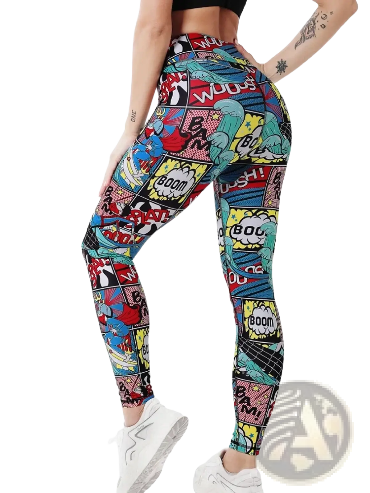 Comic book print high waist leggings with vibrant red blue yellow and green panels and bold boom and shock sound effects