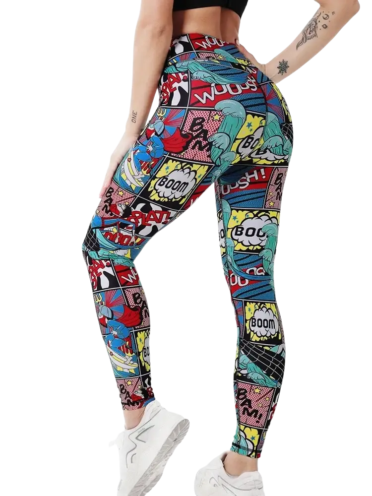 Comic book print high waist leggings with vibrant red blue yellow and green panels and bold boom and shock sound effects