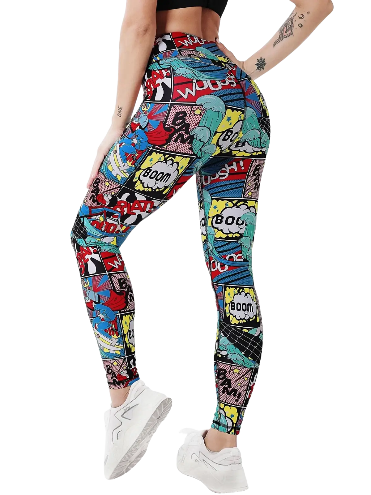 Comic book print high waist leggings with vibrant red blue yellow and teal panels and classic boom and shock sound effects