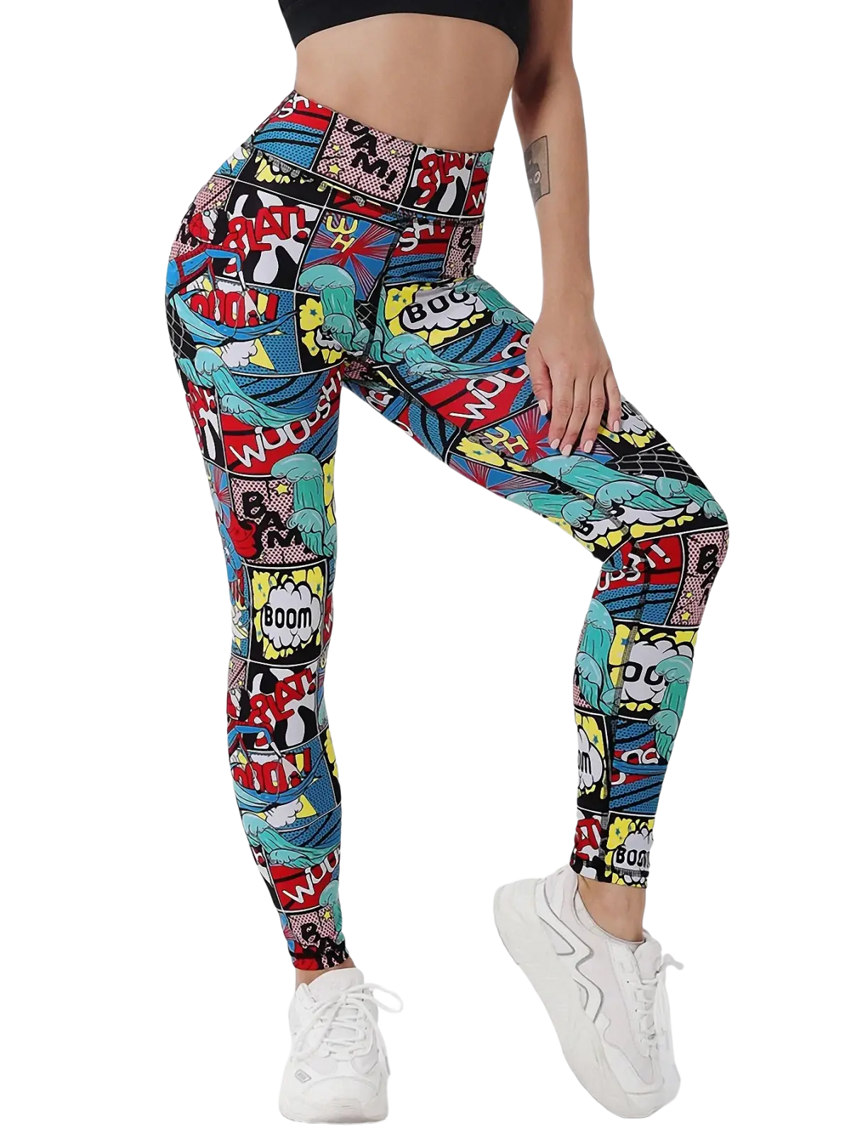Comic book print high waist leggings with vibrant red blue and yellow speech bubbles on a black background