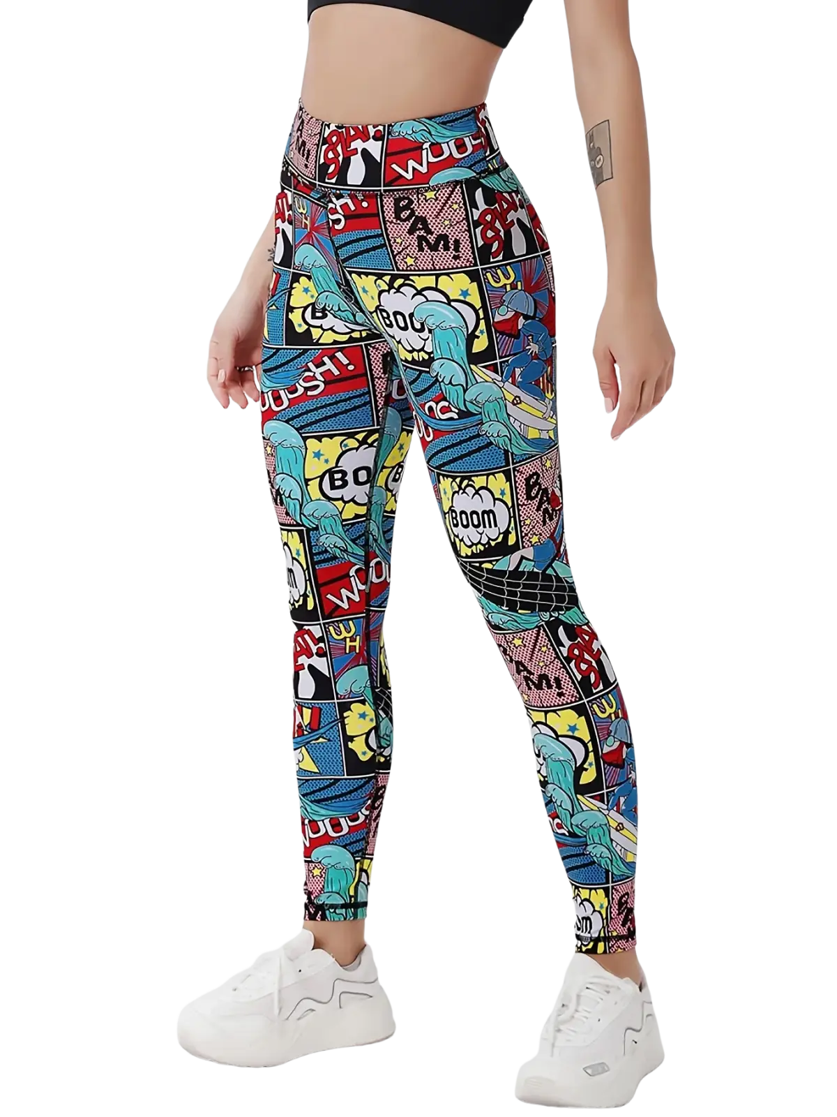 Comic book print high waist leggings featuring vibrant red blue yellow and black panels with classic sound effects