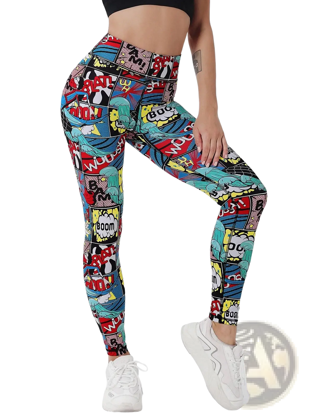 Comic book print high waist leggings with vibrant red blue and yellow speech bubbles on a black background