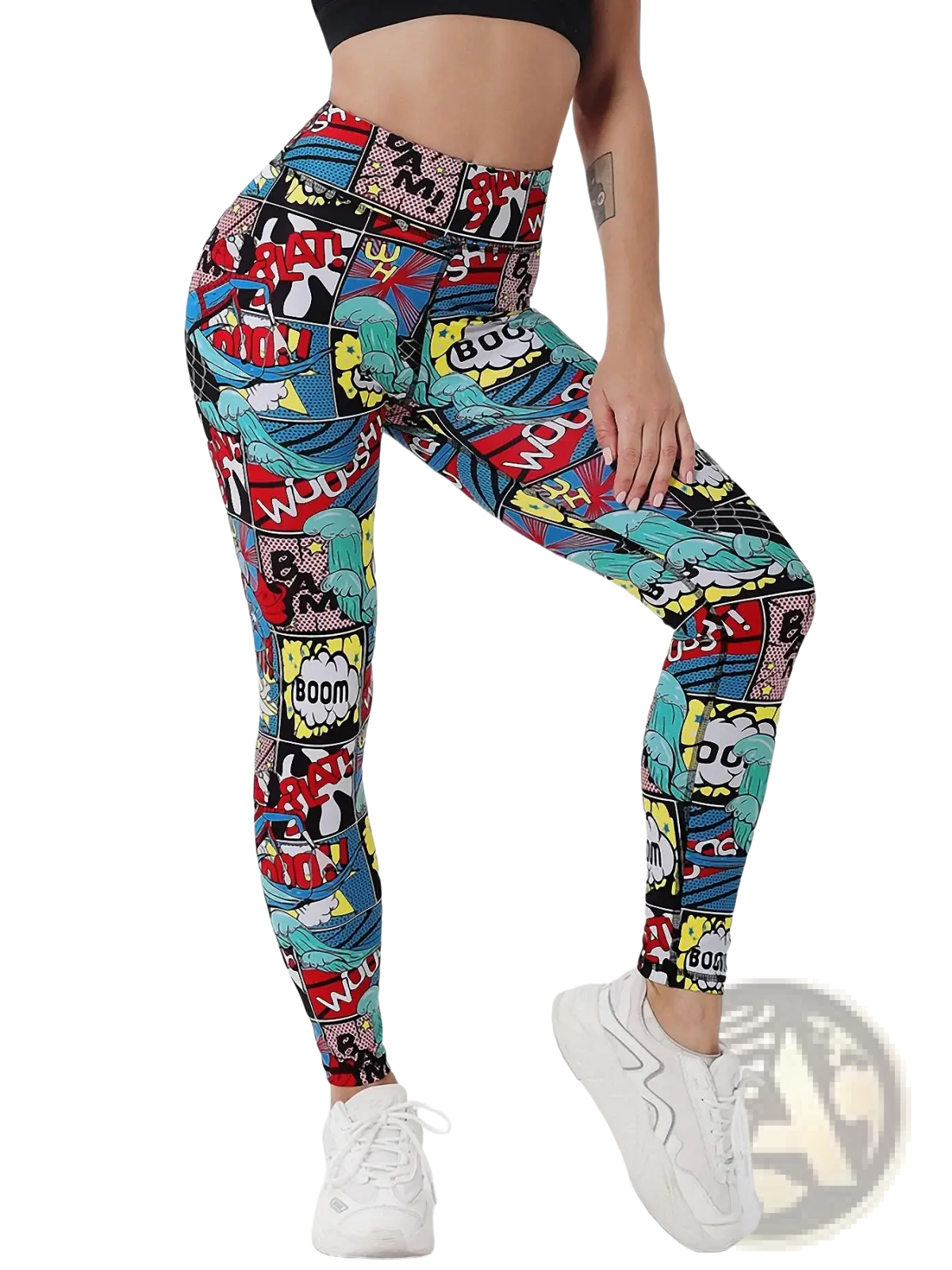 Comic book print high waist leggings with vibrant red blue and yellow speech bubbles on a black background