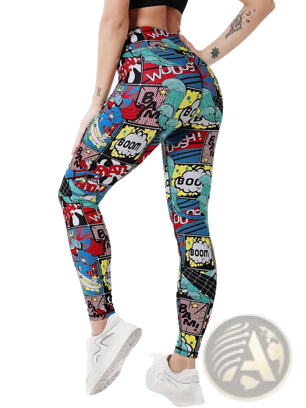 Comic book print high waist leggings with vibrant red blue yellow and teal panels and classic boom and shock sound effects