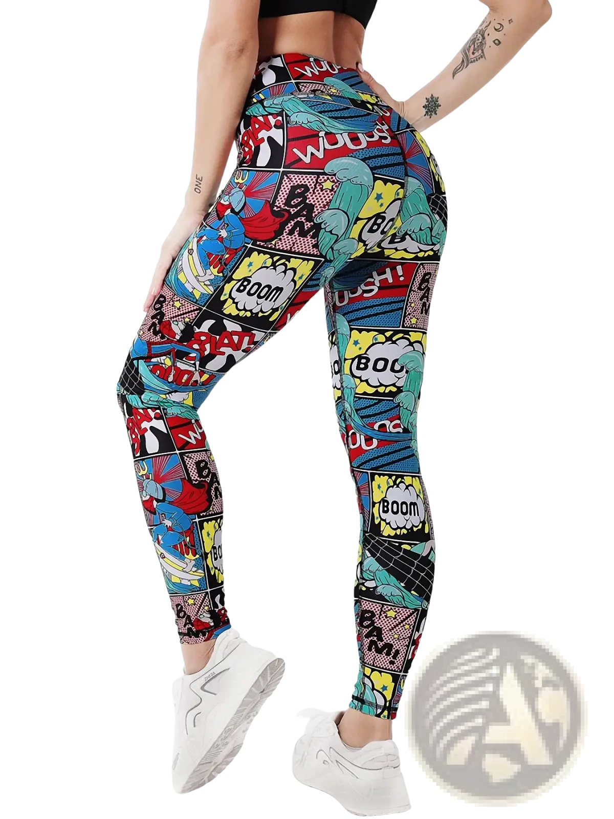 Comic book print high waist leggings with vibrant red blue yellow and teal panels and classic boom and shock sound effects
