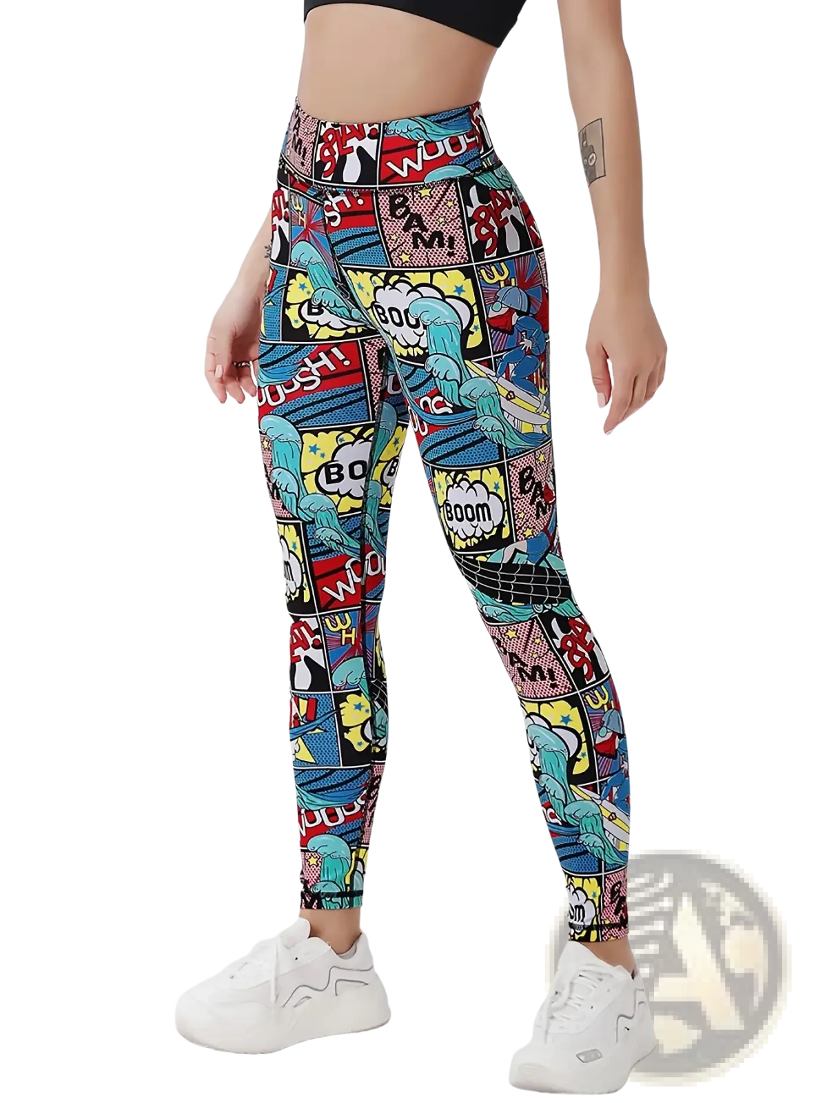 Comic book print high waist leggings featuring vibrant red blue yellow and black panels with classic sound effects