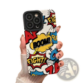Back side of a vibrant comic book silicone phone case with bold red yellow and blue speech bubbles boom and fight text