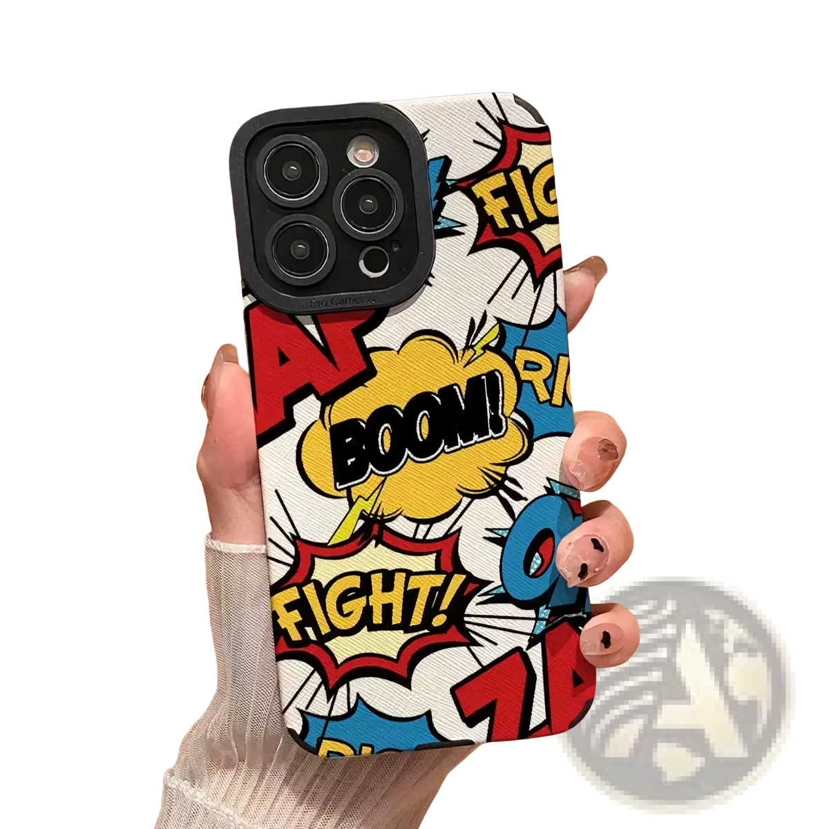 Back side of a vibrant comic book silicone phone case with bold red yellow and blue speech bubbles boom and fight text