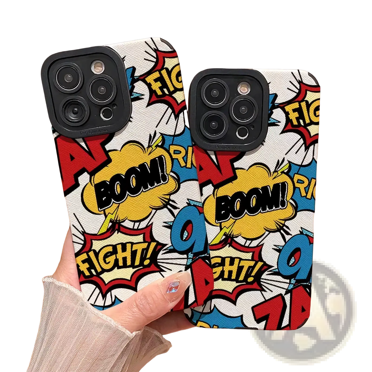 Two vibrant comic book silicone phone cases featuring bold red yellow and blue speech bubbles on white background