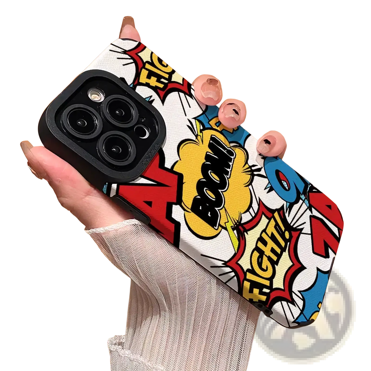 Back side of a comic book silicone phone case with bold red yellow and blue speech bubbles on a white background