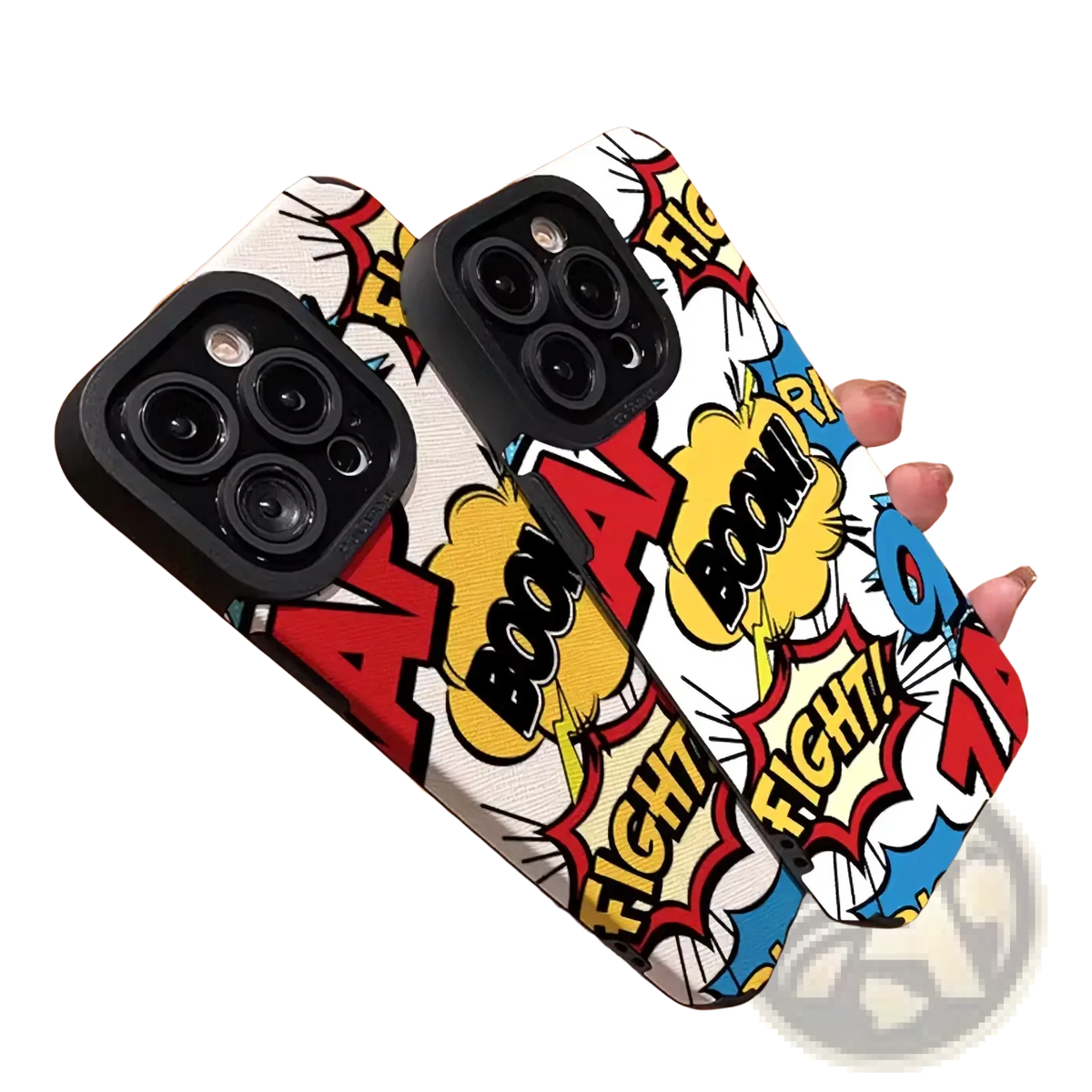 Vibrant comic book silicone phone case with bold red yellow and blue speech bubbles on the back side