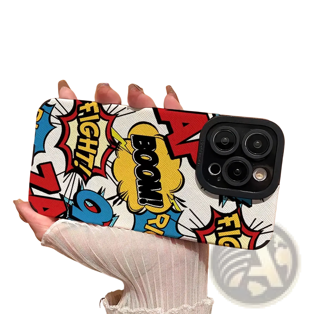 Comic book silicone phone case back side with vibrant red yellow and blue speech bubbles on white textured background