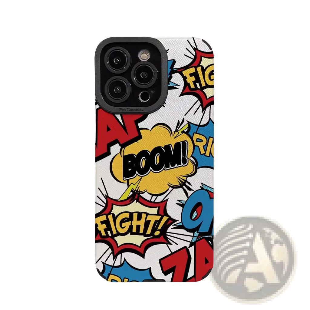 Vibrant comic book silicone phone case with bold red yellow and blue speech bubbles on white background shown from back