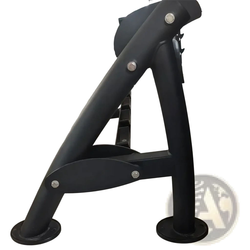 Black metal commercial 2-tier dumbbell rack frame with circular footplates and silver bolts shown from the back side