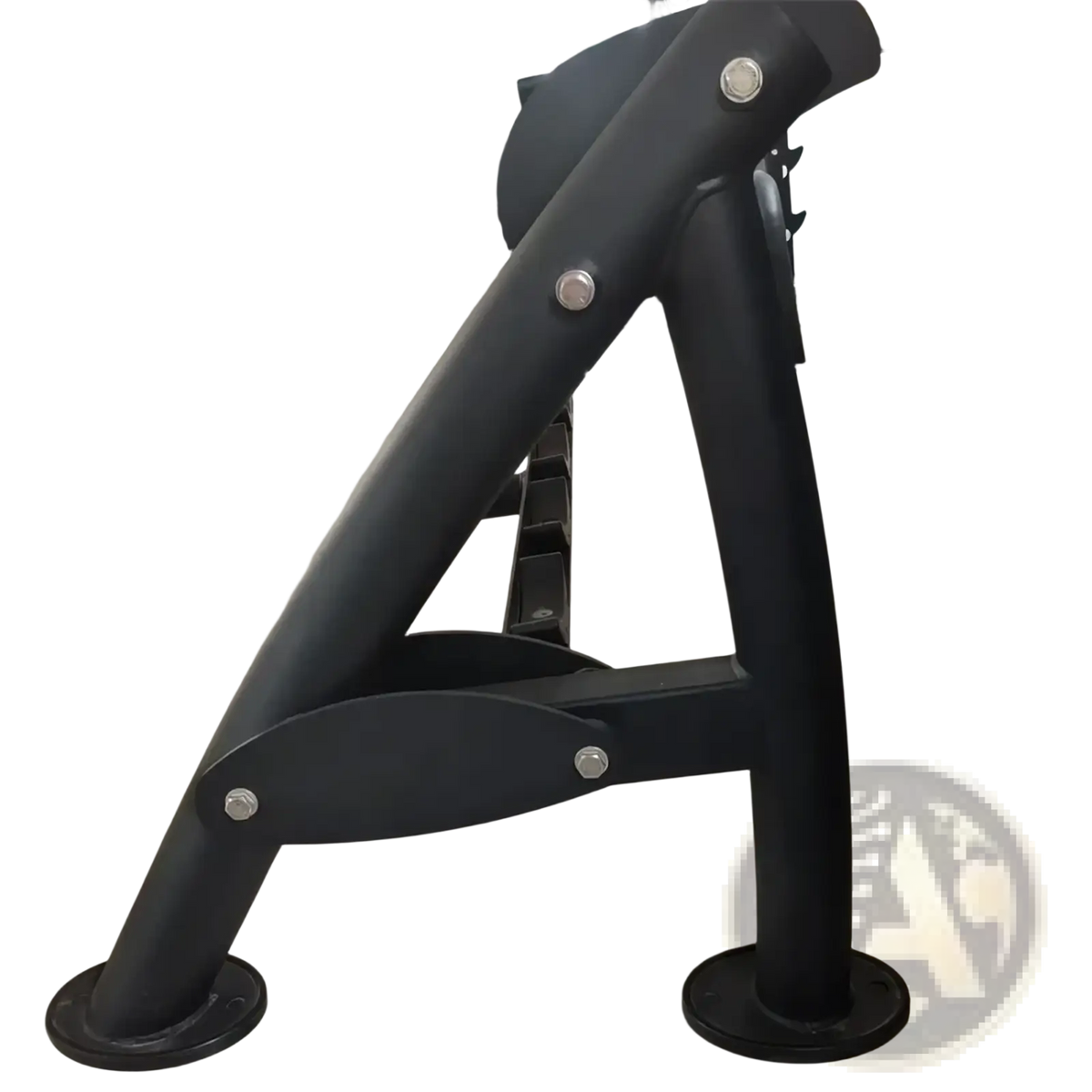 Black metal commercial 2-tier dumbbell rack frame with circular footplates and silver bolts shown from the back side