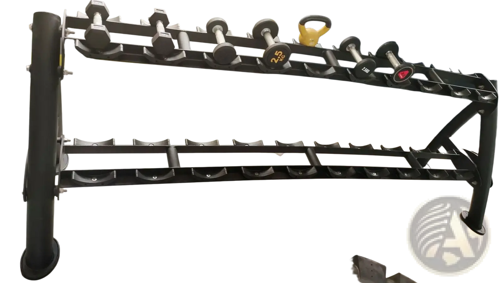 Black metal commercial 2-tier dumbbell rack holding various weights for gym and fitness equipment storage
