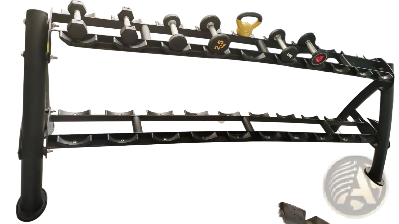 Black metal commercial 2-tier dumbbell rack holding various weights for gym and fitness equipment storage