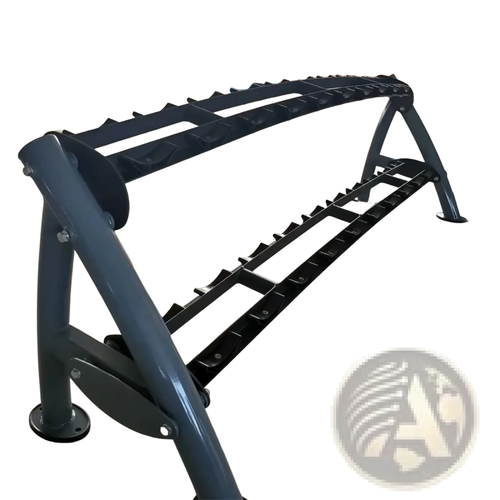 Commercial 2-tier dumbbell rack featuring industrial gray metal construction with black plastic inserts for secure storage