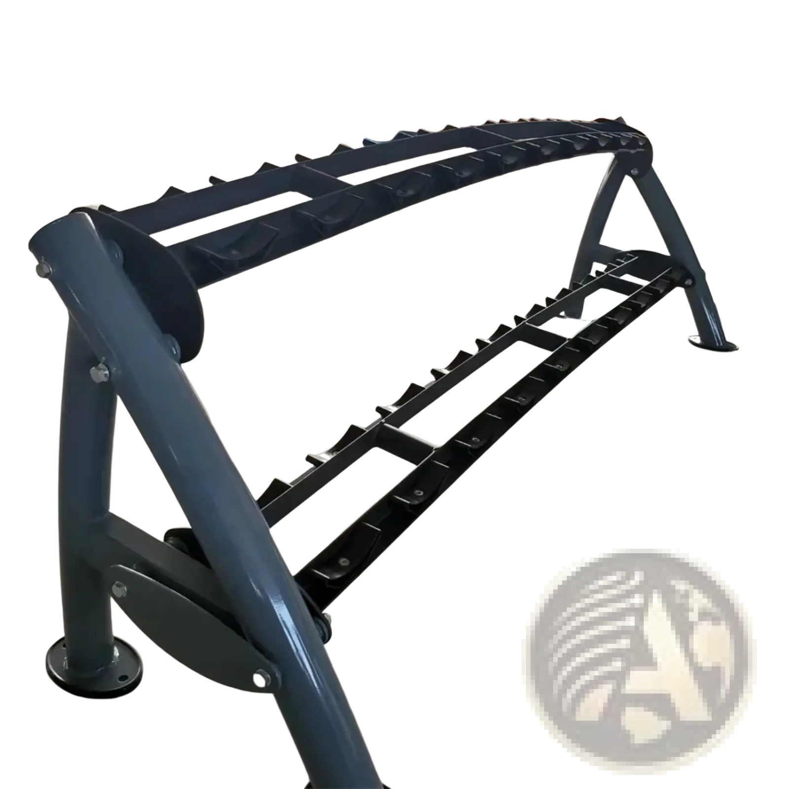 Commercial 2-tier dumbbell rack featuring industrial gray metal construction with black plastic inserts for secure storage
