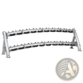 Commercial 2-tier dumbbell rack with silver metal frame and black rubberized grips on each level for secure storage
