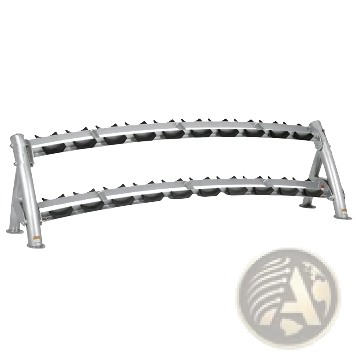Commercial 2-tier dumbbell rack with silver metal frame and black rubberized grips on each level for secure storage