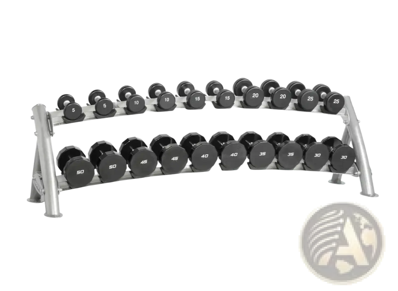 Commercial 2-tier dumbbell rack made of silver metal holding black hexagonal weight plates with white numerical markings