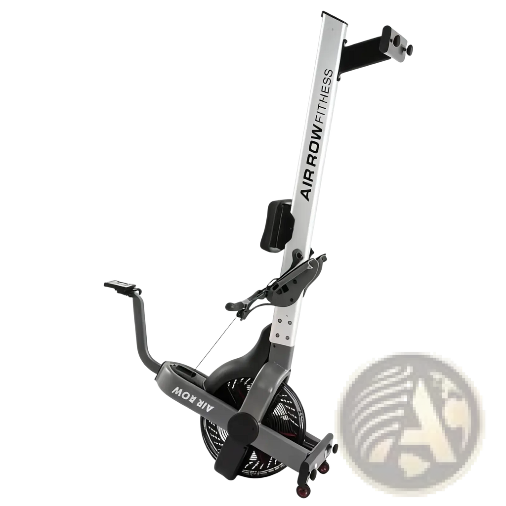 Commercial air rower fitness machine in silver and black with a sleek modern design for indoor cardio workouts
