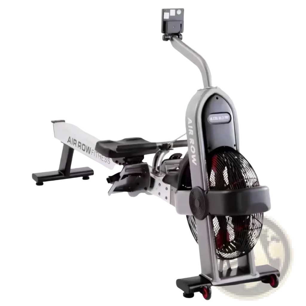Commercial air rower fitness machine in silver and black with fan resistance for effective cardio workouts