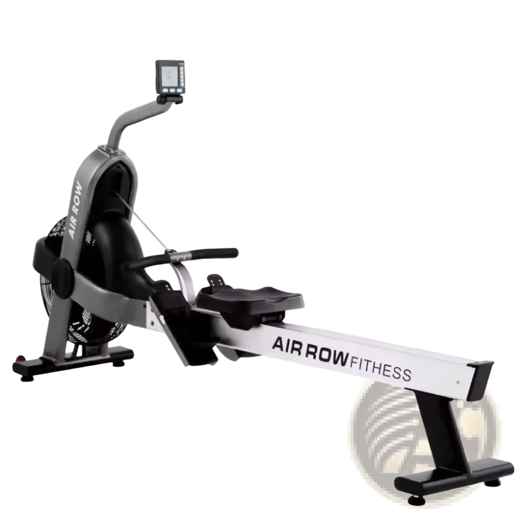 Commercial air rower fitness machine in silver and black with digital display for intense cardio workouts
