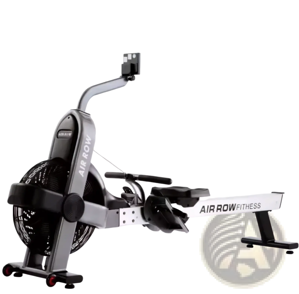 Commercial air rower fitness machine in silver and black with fan-based resistance system for effective workouts