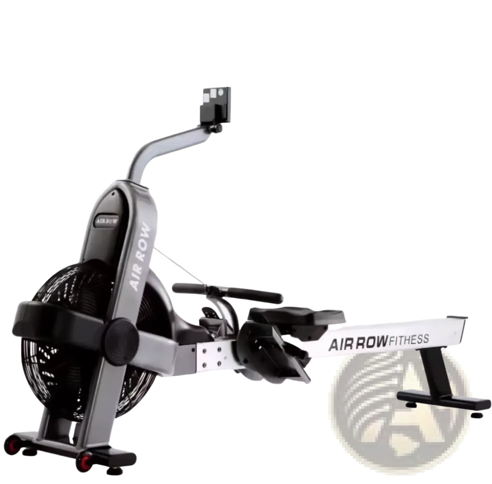 Commercial air rower fitness machine in silver and black with fan-based resistance system for effective workouts