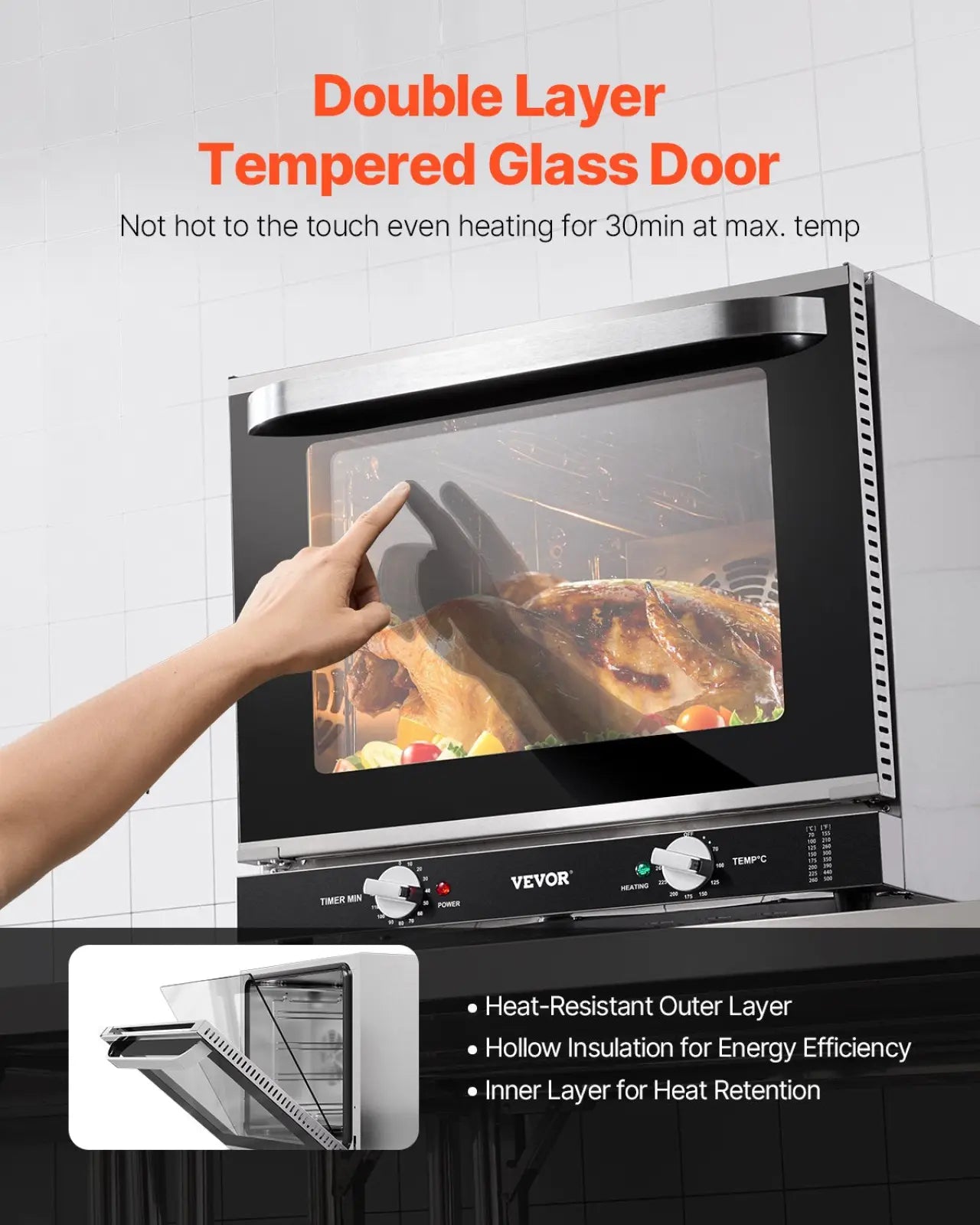 Commercial convection oven 66l 2800w stainless steel with double layer tempered glass door and timer temperature knobs