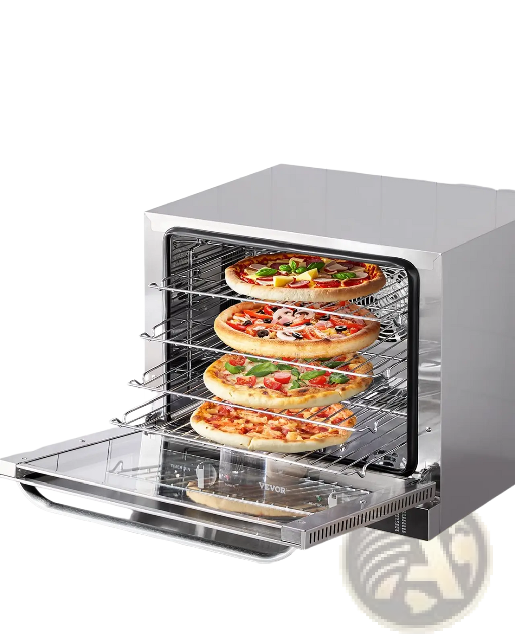 Silver stainless steel commercial convection oven 66l 2800w with four-layer pizza baking rack and glass door