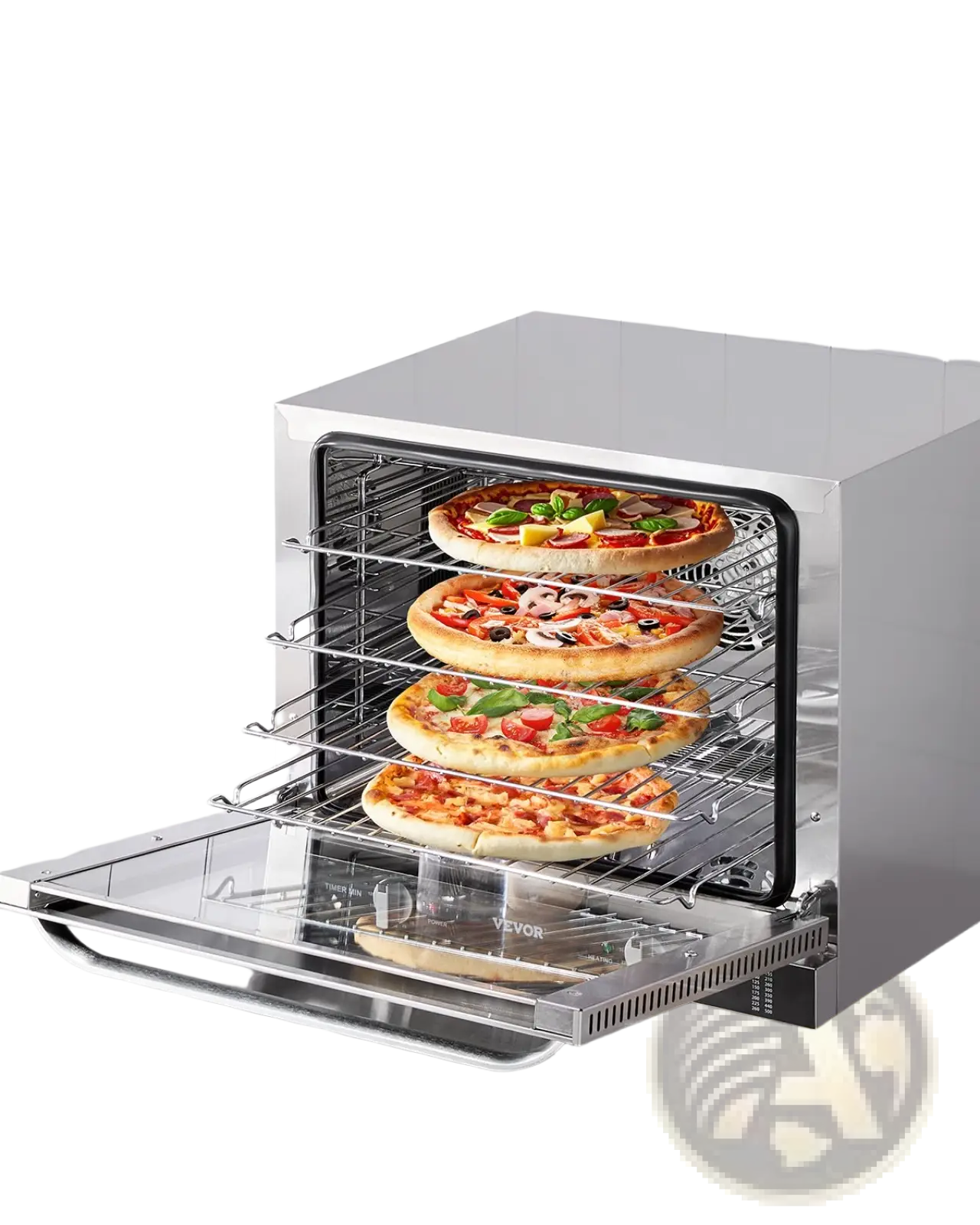 Silver stainless steel commercial convection oven 66l 2800w with four-layer pizza baking rack and glass door